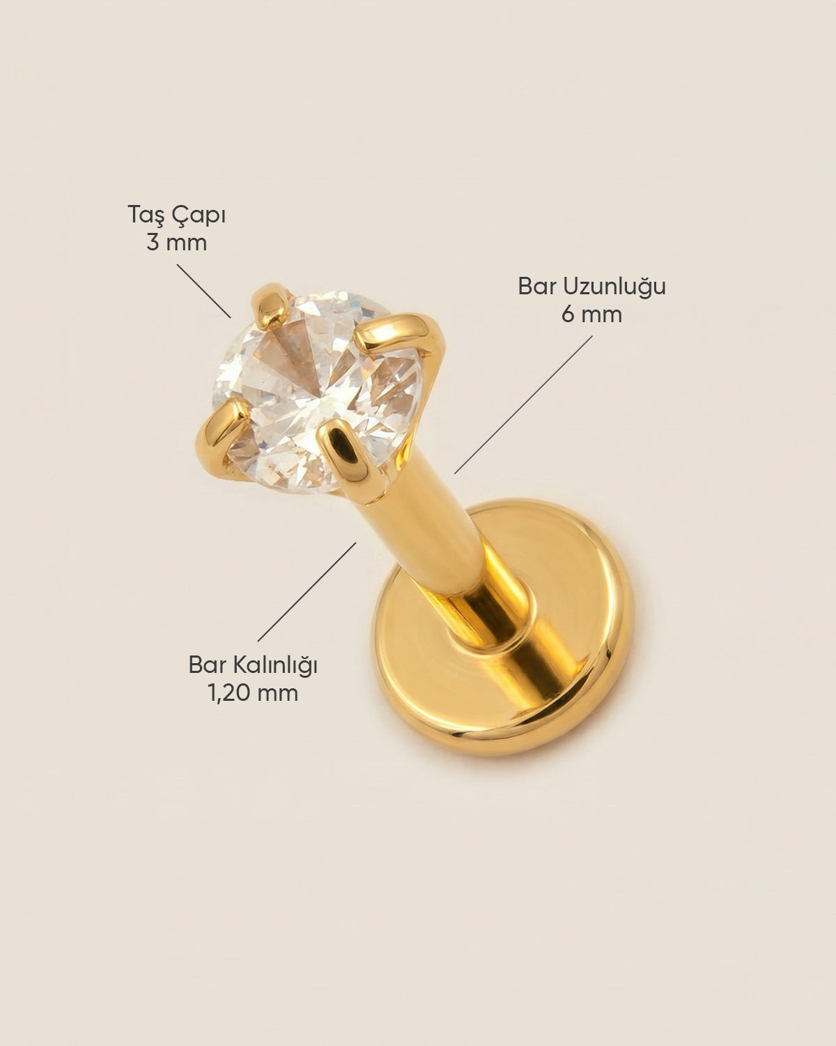 Altın renkli 316L cerrahi çelik 6 mm tektaş flatback tragus piercing tasarımın ölçüleri.