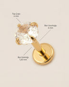 Altın renkli 316L cerrahi çelik 6 mm zirkon taşlı flatback tragus piercing tasarımın ölçüleri.