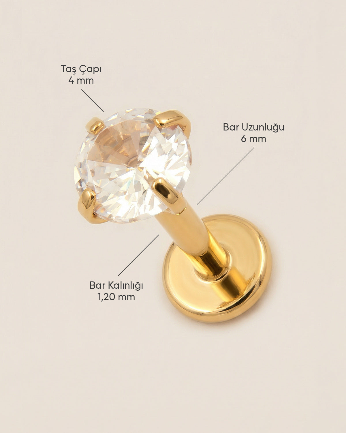Altın renkli 316L cerrahi çelik 6 mm zirkon taşlı flatback tragus piercing tasarımın ölçüleri.