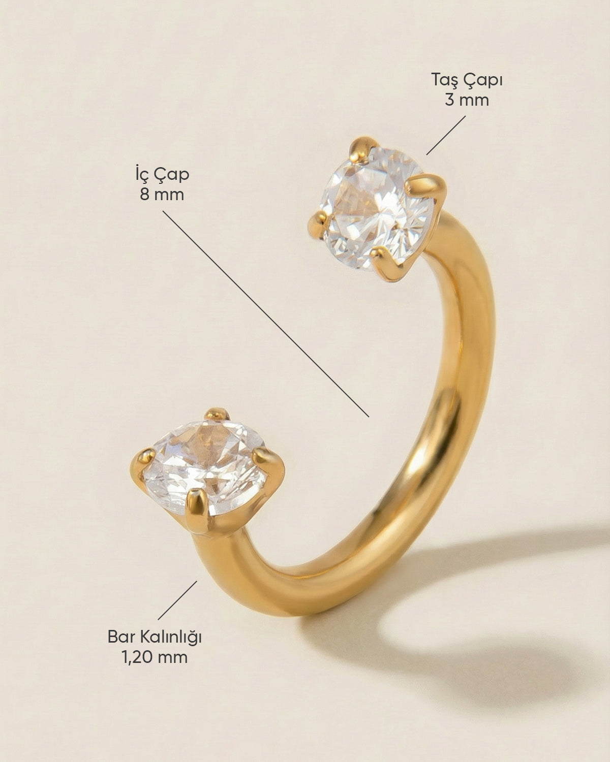 Altın renkli 316L cerrahi çelik 8 mm çift tektaş yarım halka piercing tasarımın ölçüleri.