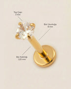 Altın renkli 316L cerrahi çelik 8 mm tektaş flatback tragus piercing tasarımın ölçüleri.