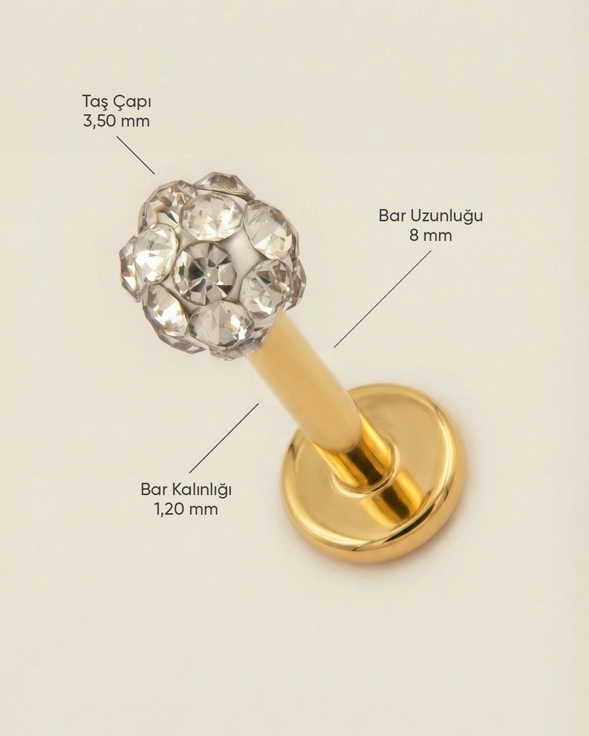Altın renkli 316L cerrahi çelik 8 mm toplu flatback tragus piercing tasarımın ölçüleri.