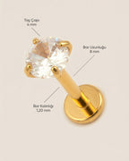 Altın renkli 316L cerrahi çelik 8 mm zirkon taşlı flatback tragus piercing tasarımın ölçüleri.