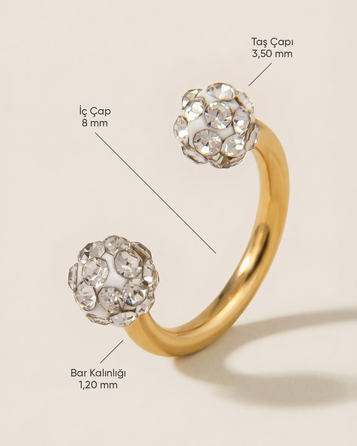 Altın renkli 316L cerrahi çelik 8 mm zirkon taşlı yarım halka piercing tasarımın ölçüleri.