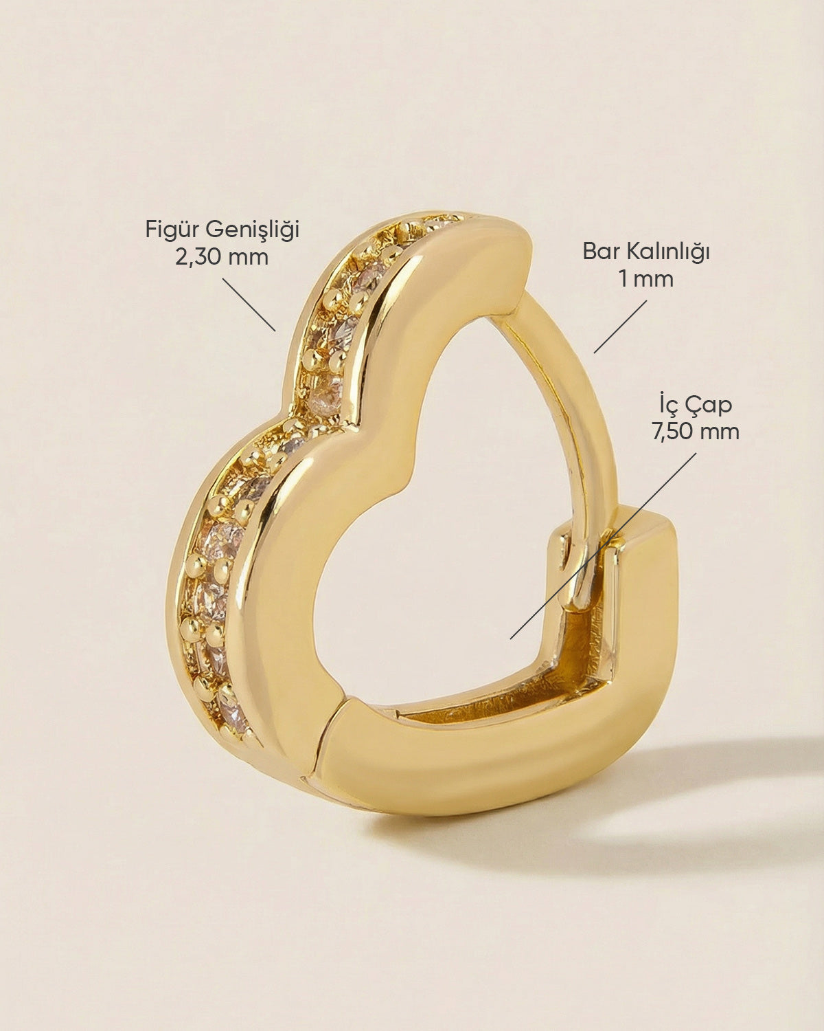 Altın renkli çelik açık kalp formlu zirkon taşlı halka piercingin ölçüleri.