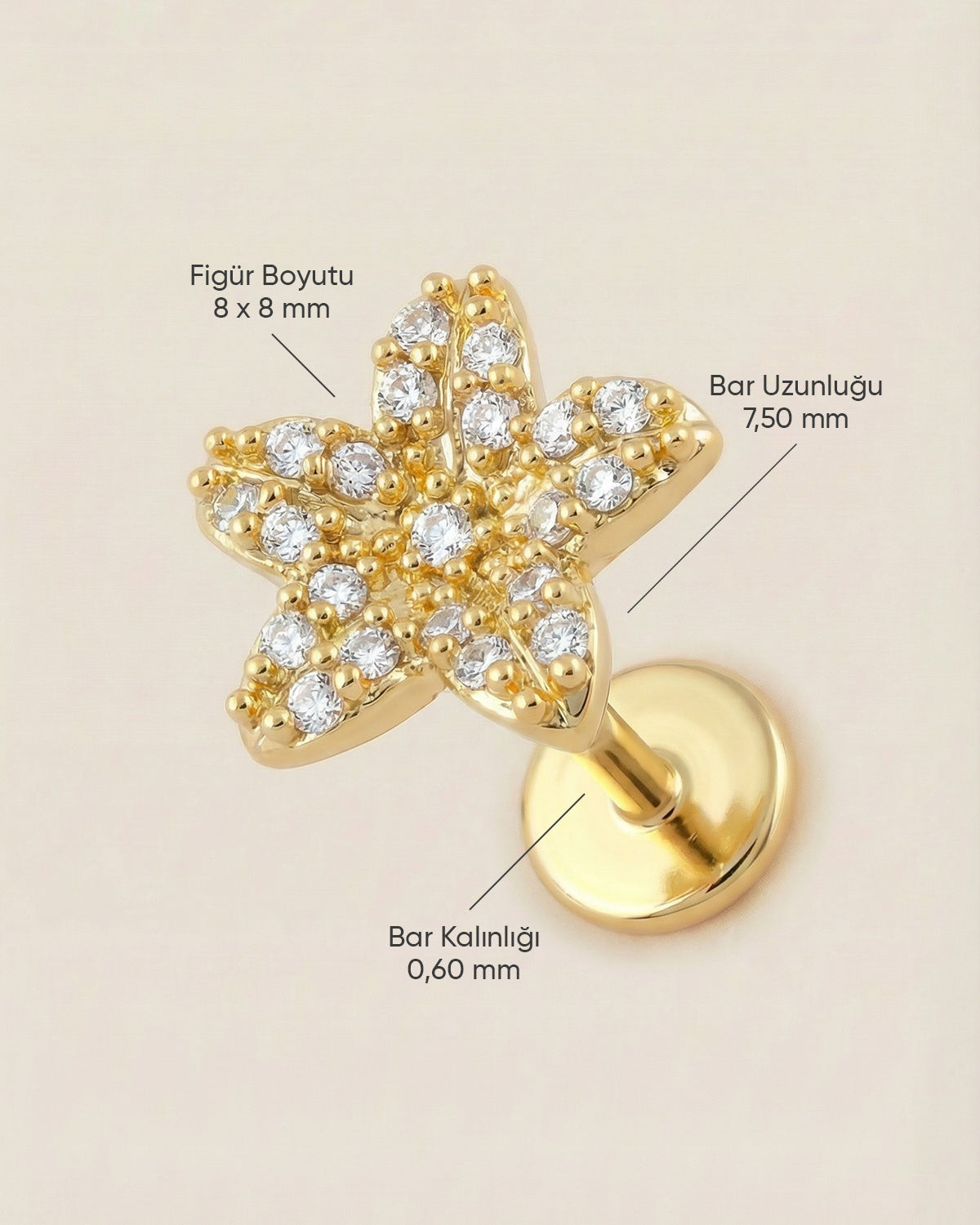 Altın renkli 316L cerrahi çelik çiçek formlu flatback piercing tasarımın ölçüleri.