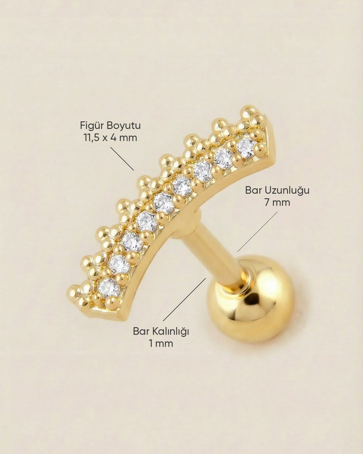 Altın renkli 316L cerrahi çelik kavisli zirkon taşlı tragus piercing tasarımın ölçüleri.