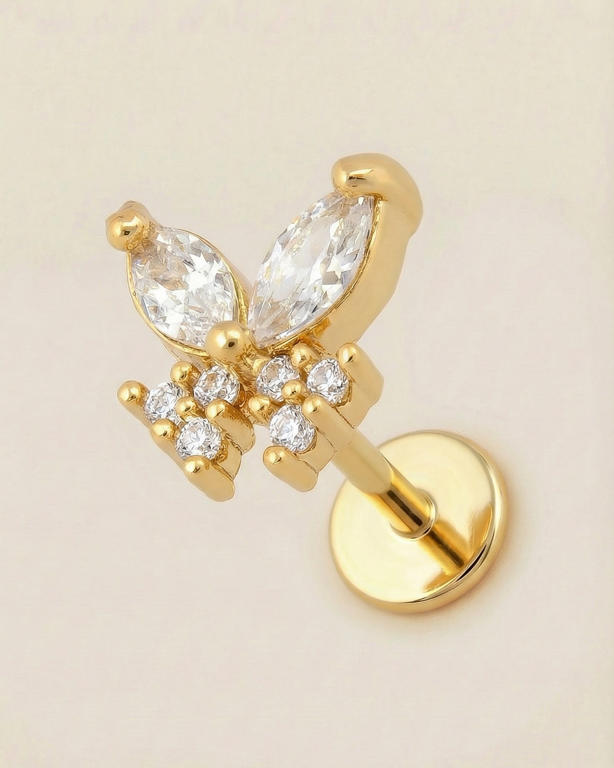 Altın renkli 316L cerrahi çelik markiz kanatlı kelebek formlu flatback piercing.