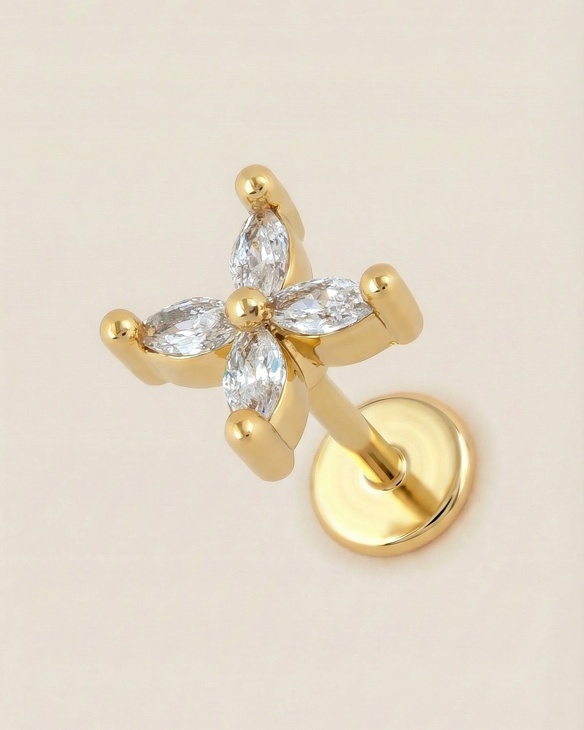 Altın renkli 316L cerrahi çelik markiz kesim zirkon taşlı çiçek flatback piercing.