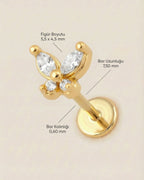 Altın renkli 316L cerrahi çelik minimal kelebek formlu flatback piercing tasarımın ölçüleri.