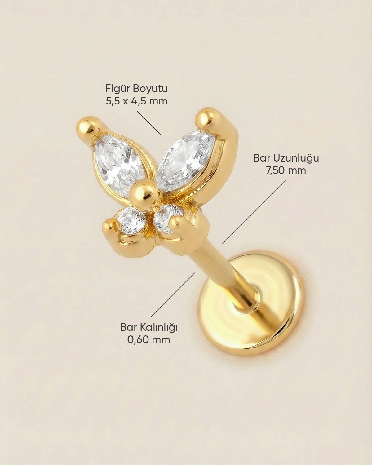 Altın renkli 316L cerrahi çelik minimal kelebek formlu flatback piercing tasarımın ölçüleri.