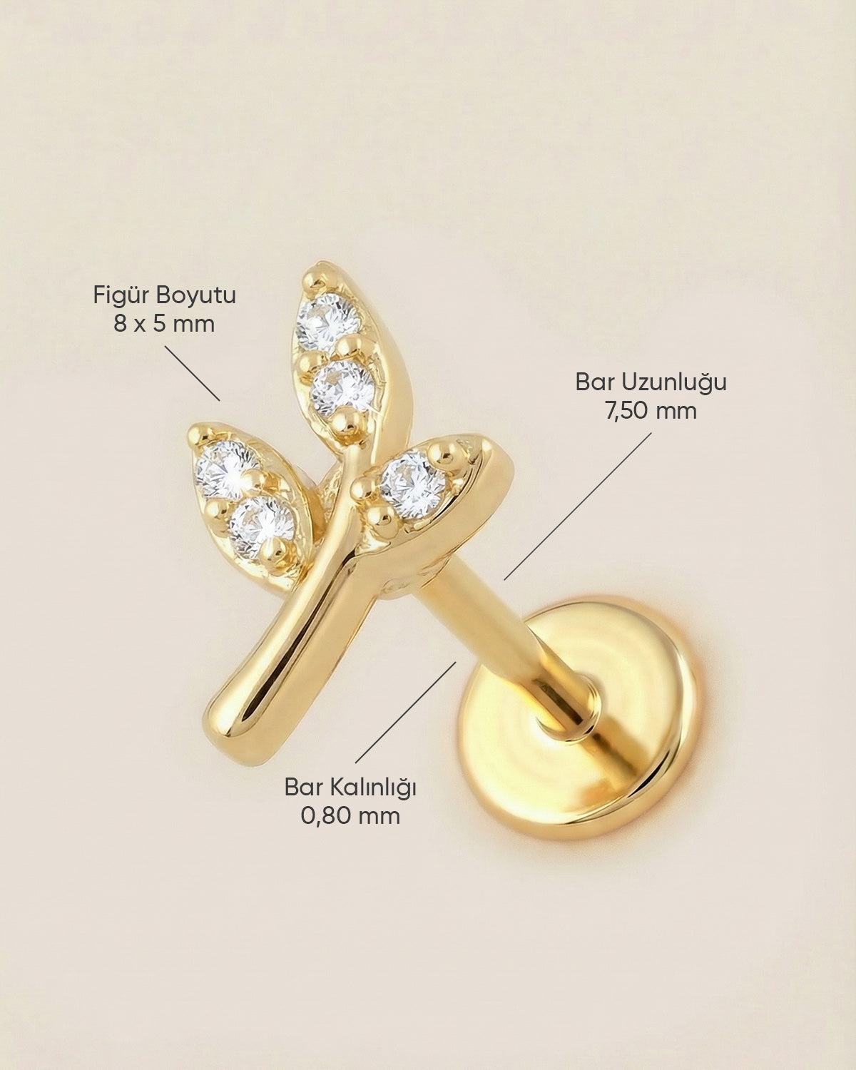 Altın renkli 316L cerrahi çelik minimal yaprak formlu flatback piercing tasarımın ölçüleri.