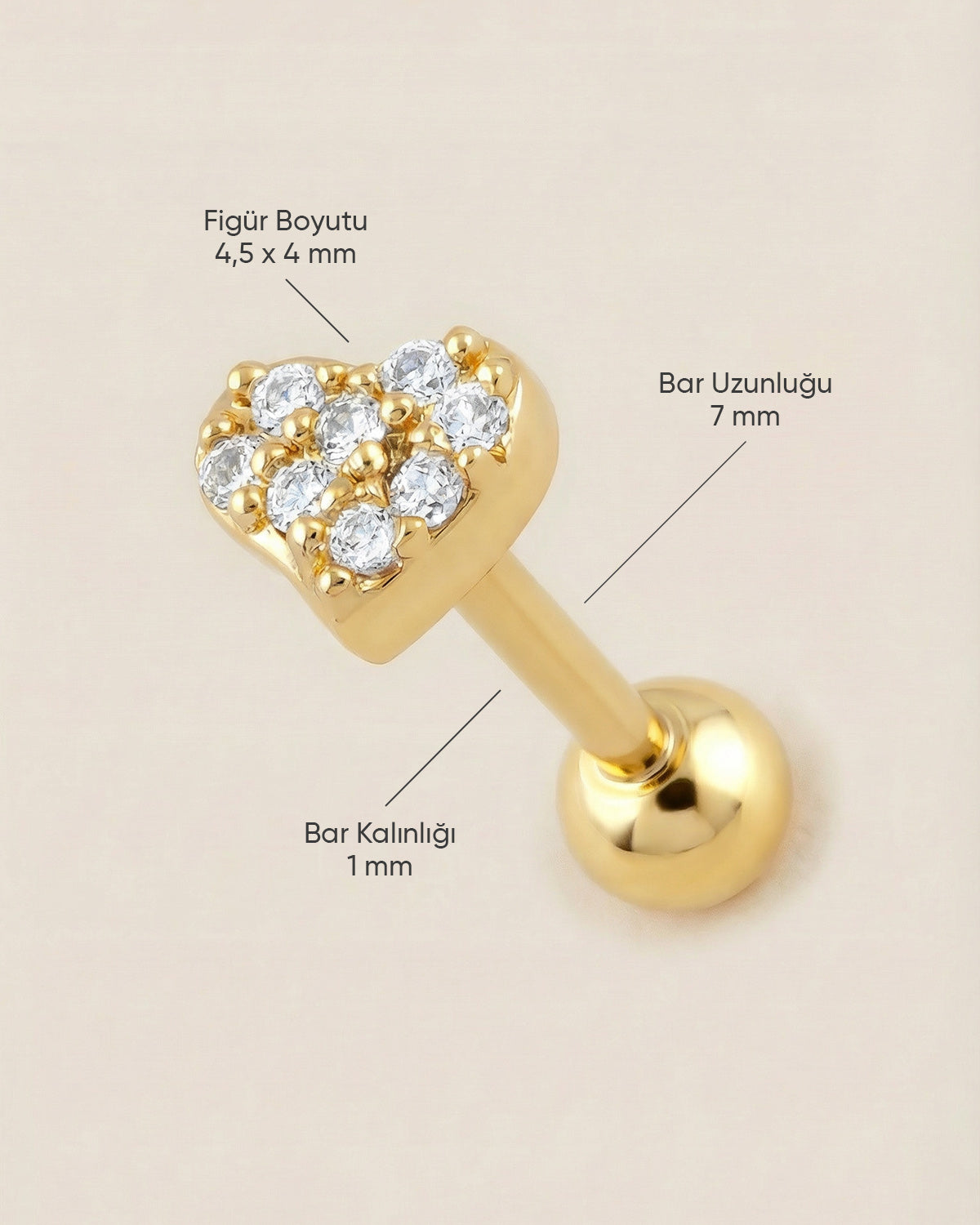Altın renkli 316L cerrahi çelik pave zirkon taşlı kalp tragus piercing tasarımın ölçüleri.
