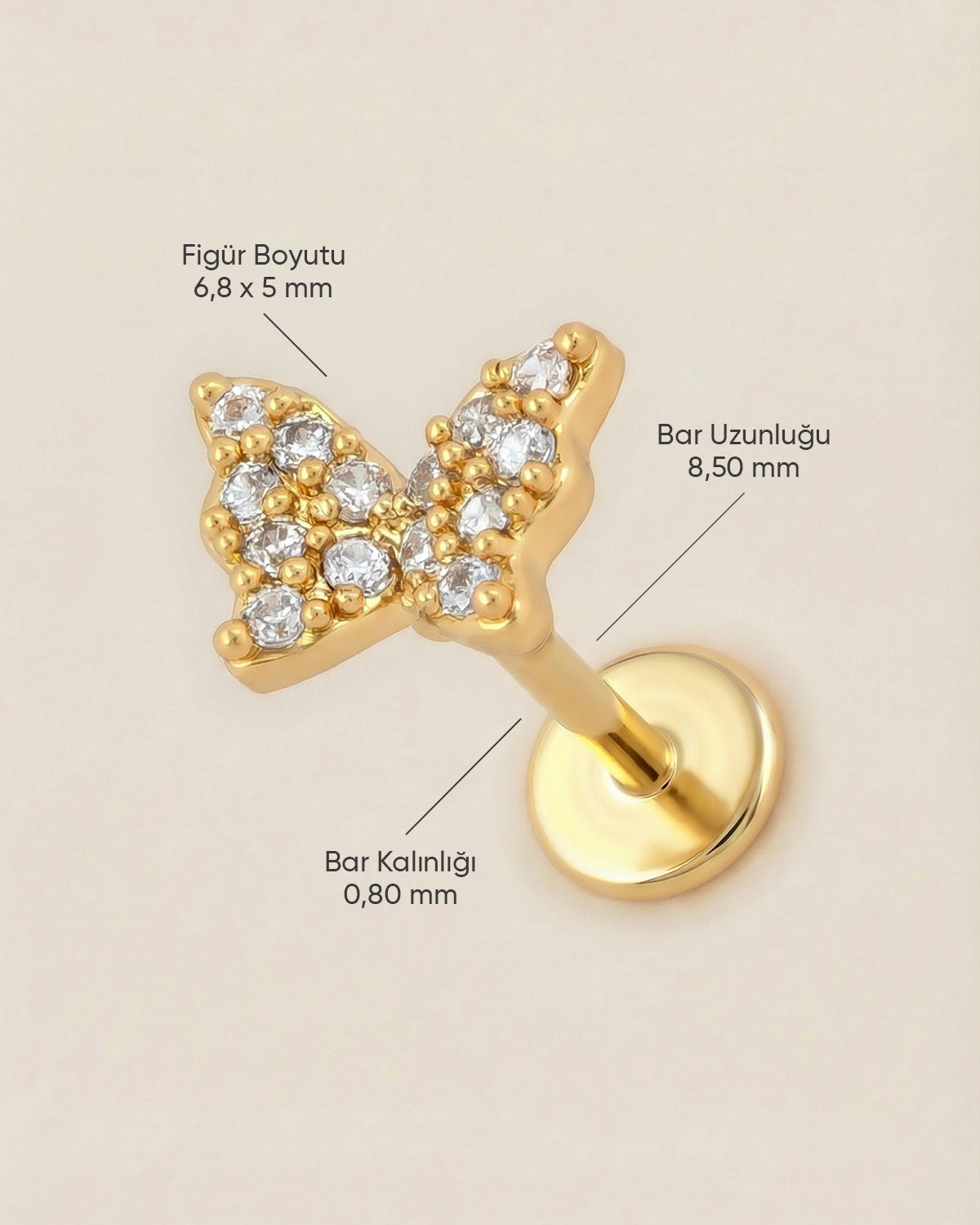 Altın renkli 316L cerrahi çelik pave zirkon taşlı kelebek flatback piercingin ölçüleri.