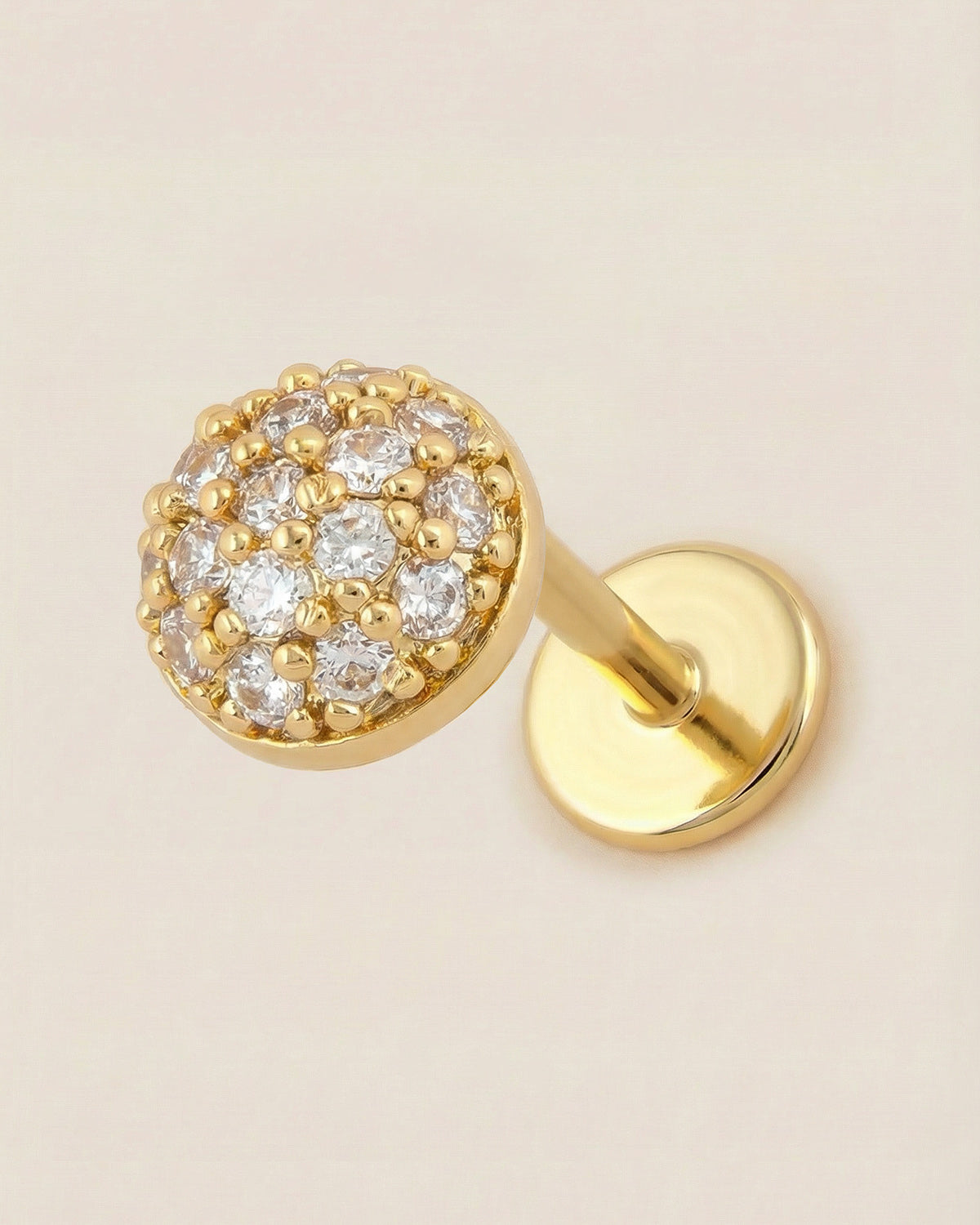 Altın renkli 316L cerrahi çelik pave zirkon taşlı yarım küre flatback piercing.