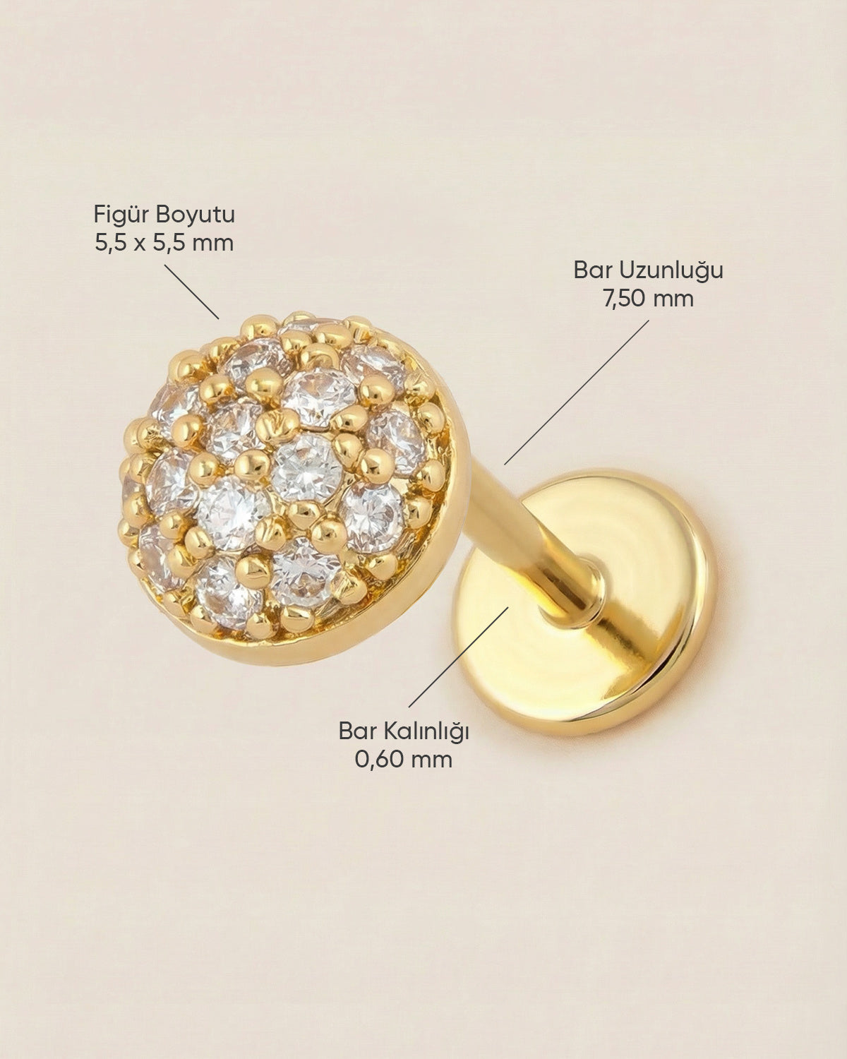 Altın renkli 316L cerrahi çelik pave zirkon taşlı yarım küre flatback piercingin ölçüleri.