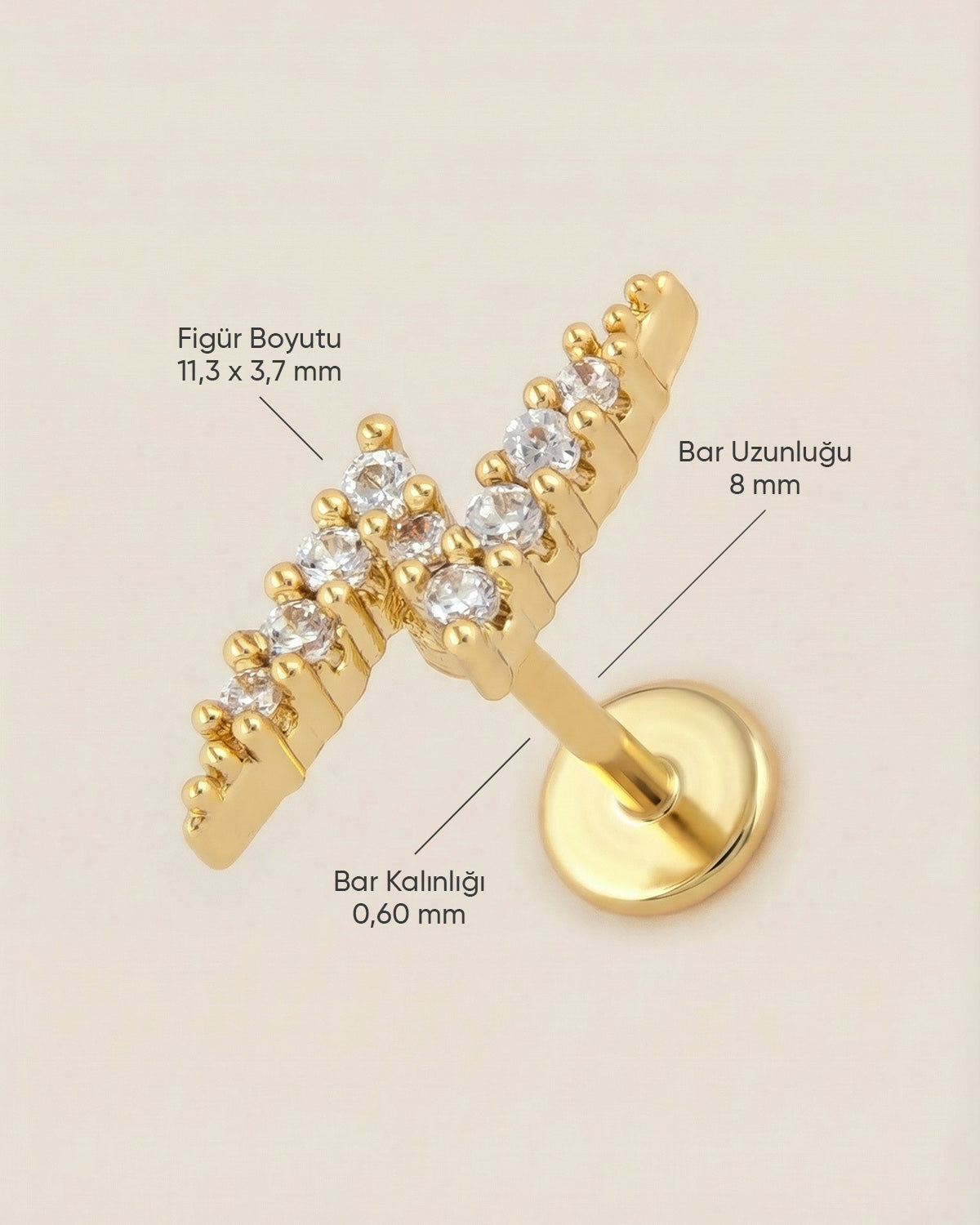 Altın renkli 316L cerrahi çelik şimşek formlu flatback piercing tasarımın ölçüleri.