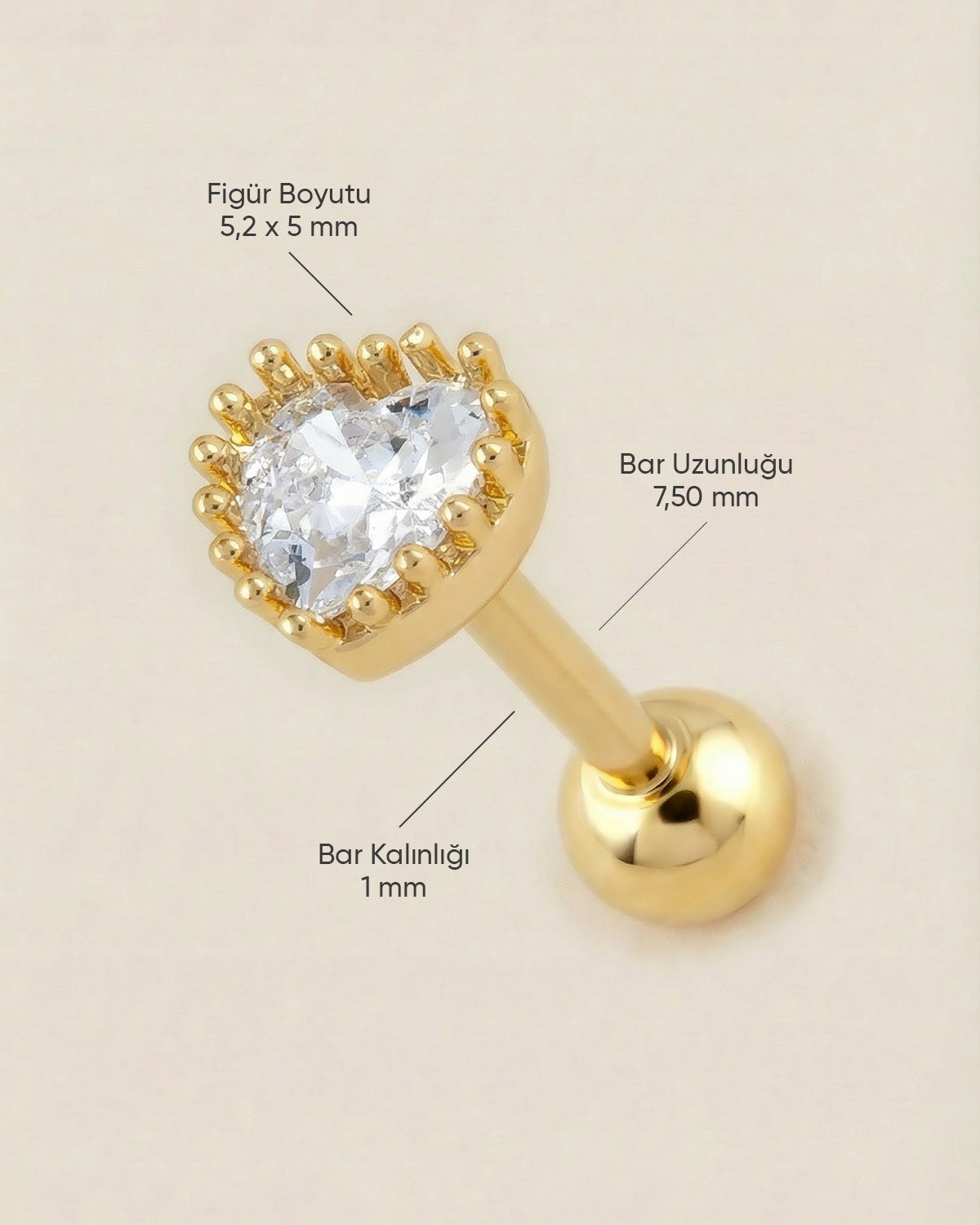 Altın renkli 316L cerrahi çelik taç detaylı kalp tragus piercing tasarımın ölçüleri.