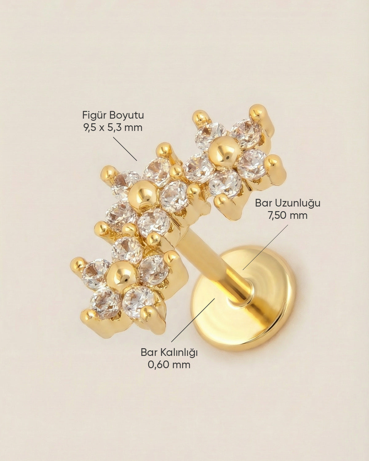 Altın renkli 316L cerrahi çelik üçlü çiçek zirkon taşlı flatback piercing tasarımın ölçüleri.