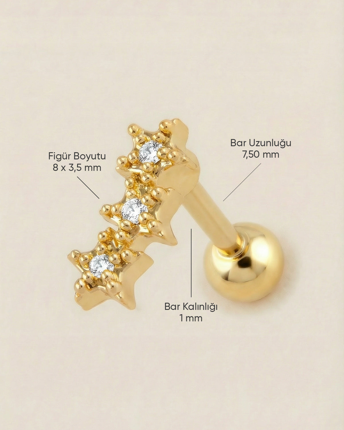 Altın renkli 316L cerrahi çelik üçlü yıldız formlu zirkon taşlı tragus piercing tasarımın ölçüleri.