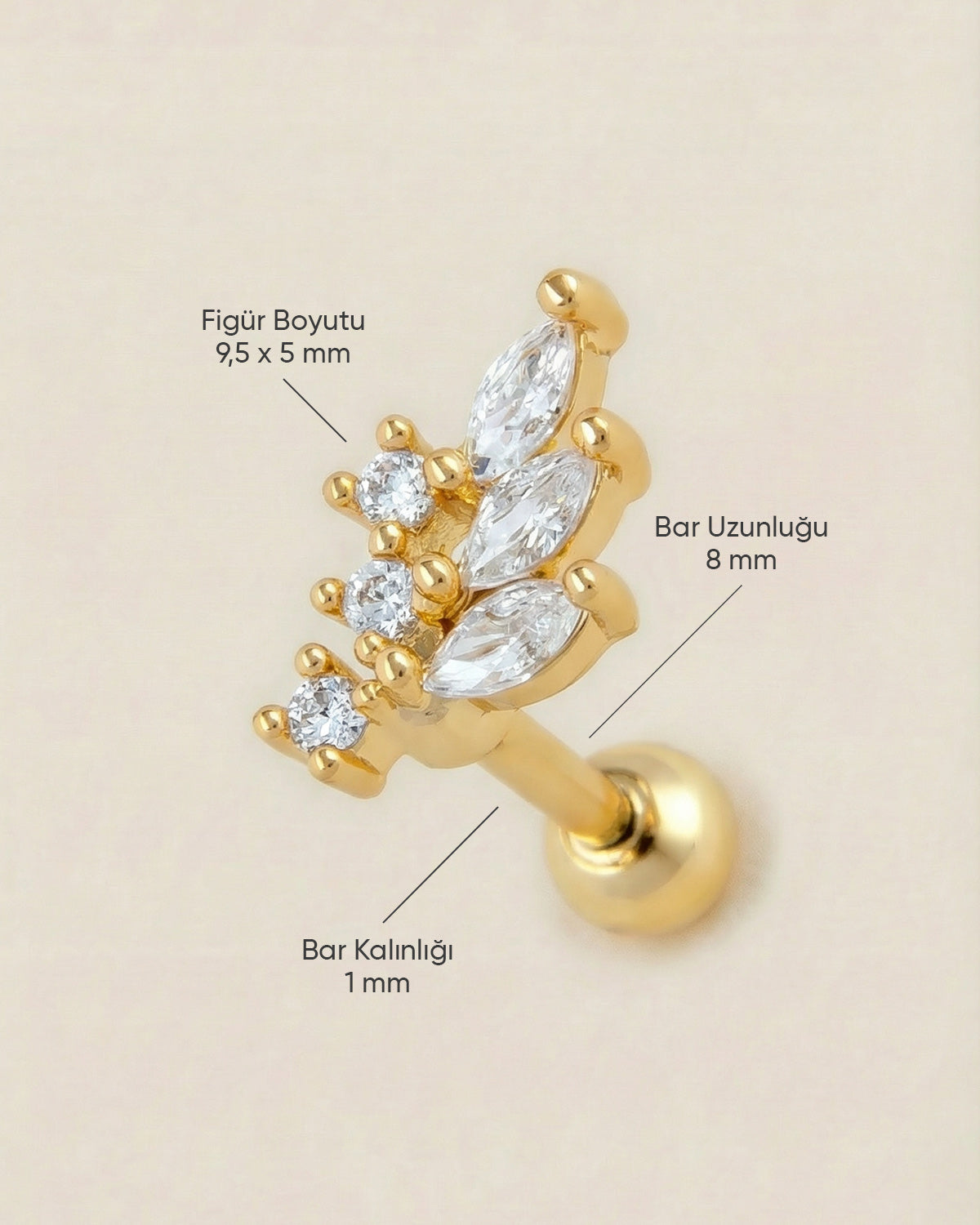 Gümüş renkli 316L cerrahi çelik yaprak formlu zirkon taşlı tragus piercing tasarımın ölçüleri.