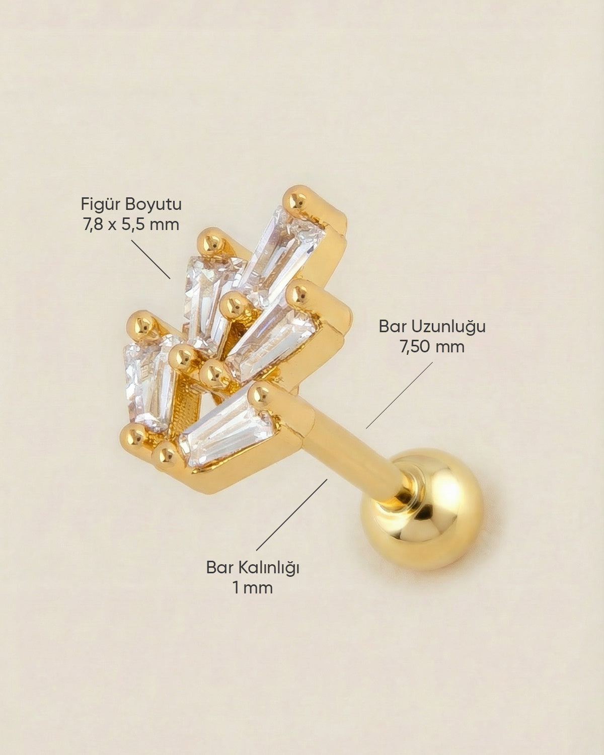 Altın renkli 316L cerrahi çelik yelpaze formlu zirkon taşlı tragus piercing tasarımın ölçüleri.