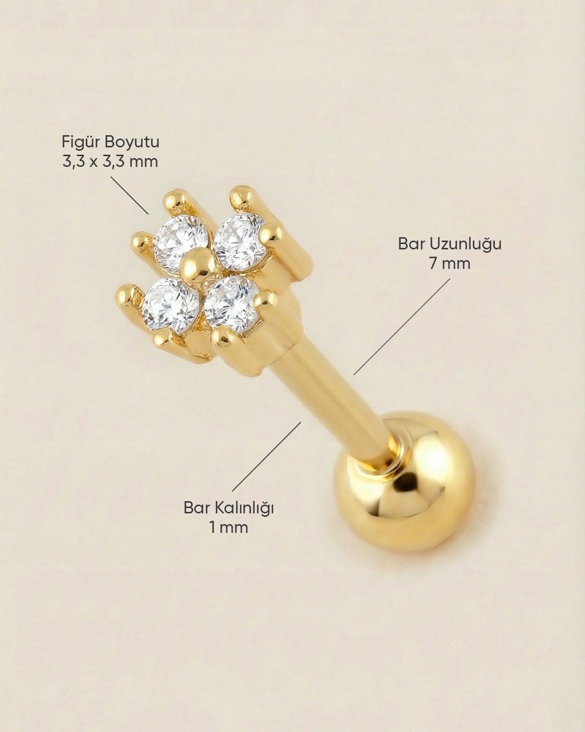 Altın renkli 316L cerrahi çelik zirkon dört taşlı yonca tragus piercing tasarımın ölçüleri.