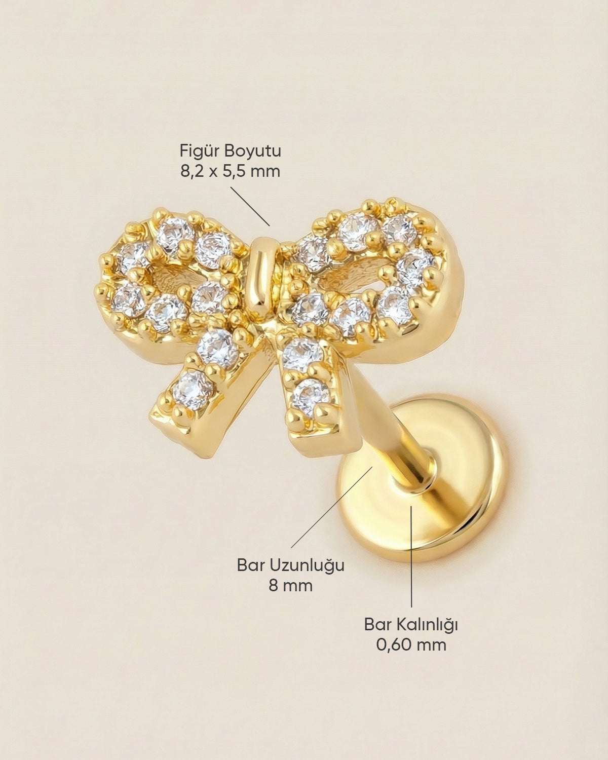 Altın renkli 316L cerrahi çelik zirkon taşlı fiyonk flatback piercing tasarımın ölçüleri.