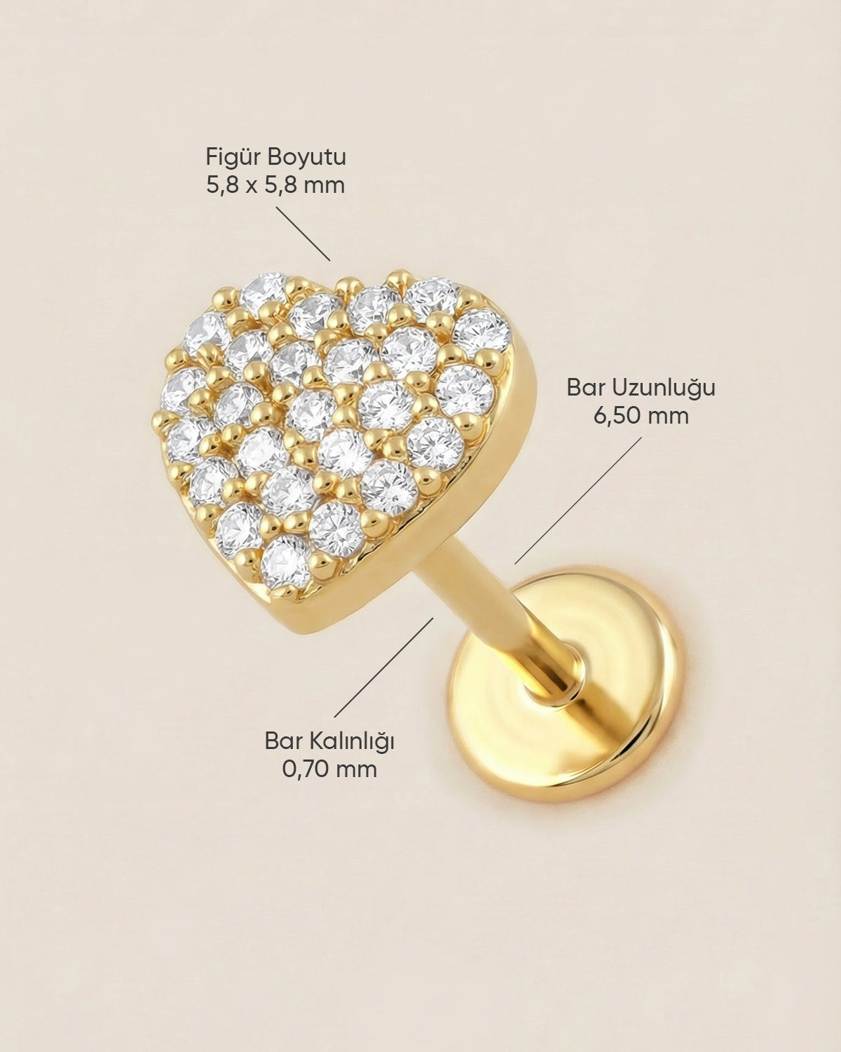 Altın renkli 316L cerrahi çelik zirkon taşlı kalp flatback piercing tasarımın ölçüleri.
