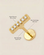 Altın renkli 316L cerrahi çelik zirkon taşlı minimal bar flatback piercing tasarımın ölçüleri.