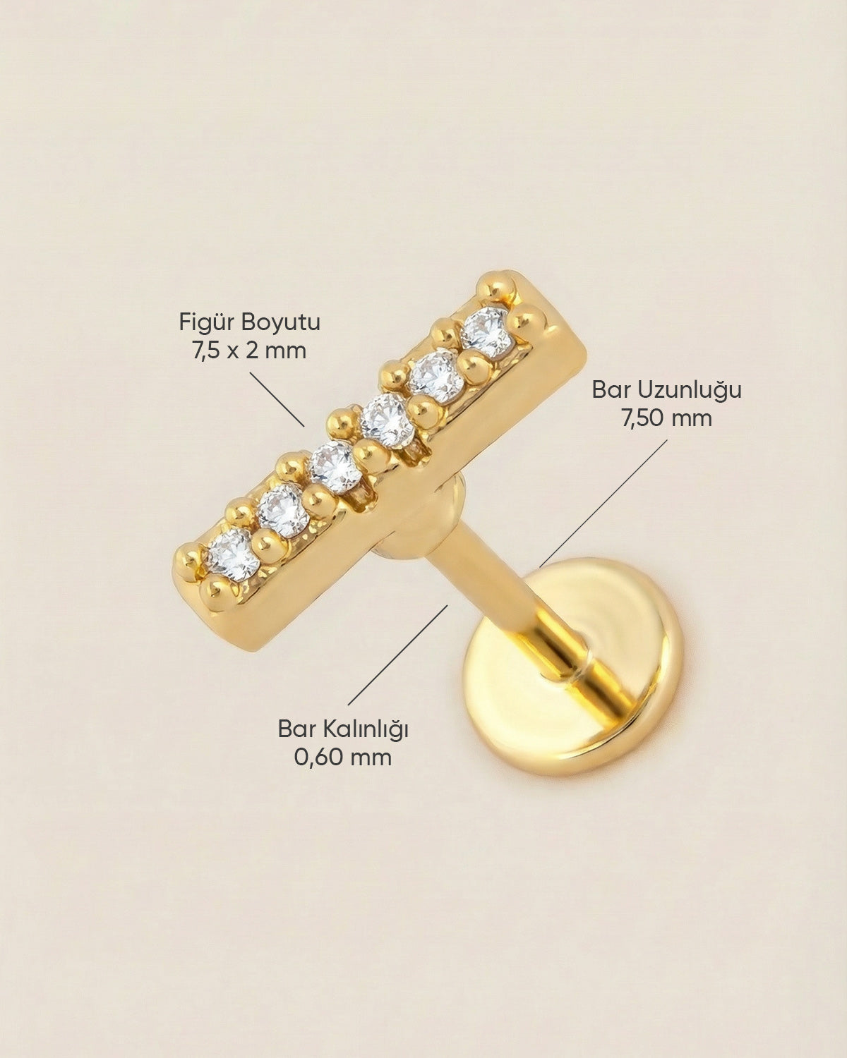 Altın renkli 316L cerrahi çelik zirkon taşlı minimal bar flatback piercing tasarımın ölçüleri.