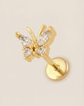 Altın renkli 316L cerrahi çelik zirkon taşlı minimal kelebek flatback piercing tasarımı.