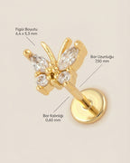 Altın renkli 316L cerrahi çelik zirkon taşlı minimal kelebek flatback piercing tasarımın ölçüleri.