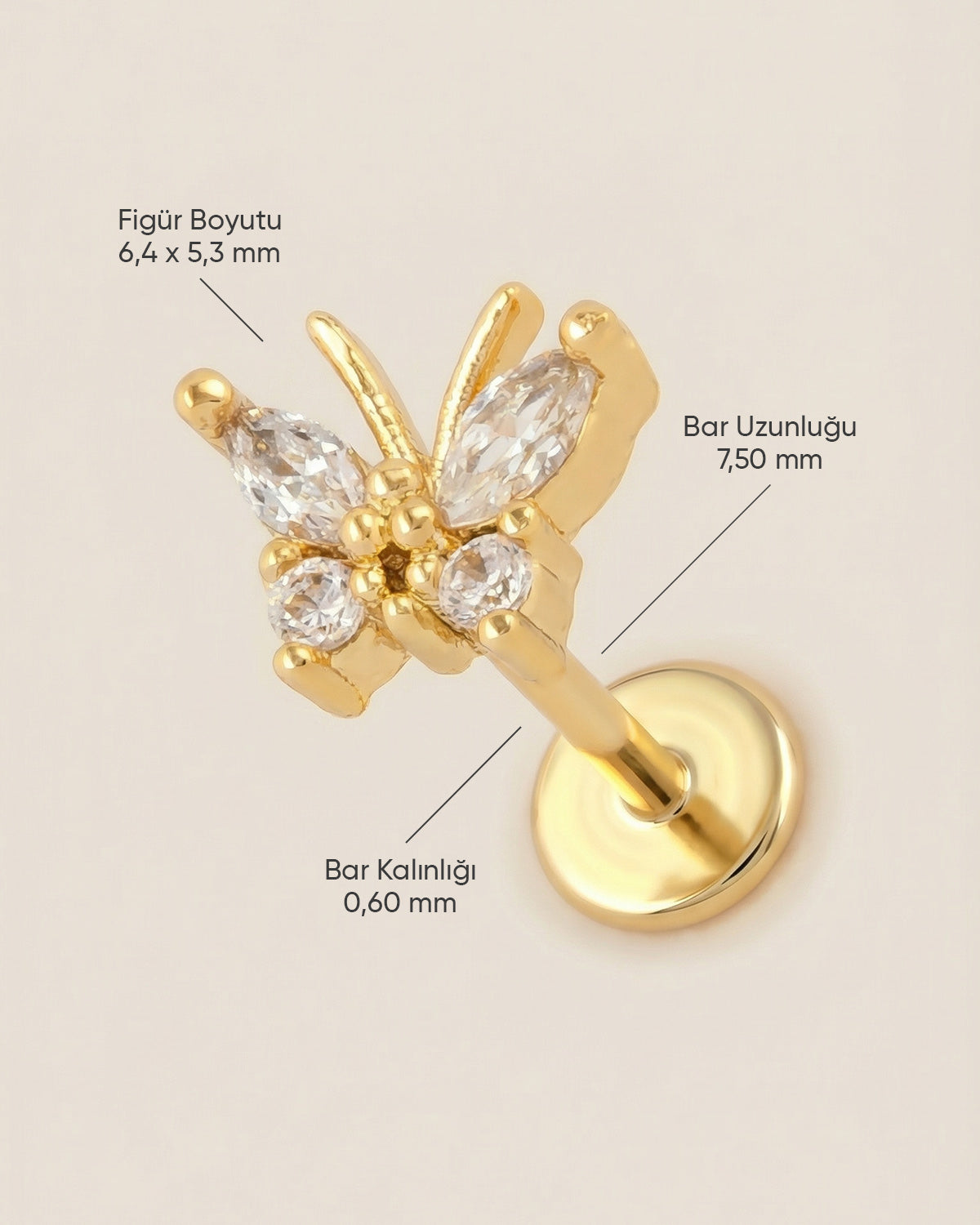 Altın renkli 316L cerrahi çelik zirkon taşlı minimal kelebek flatback piercing tasarımın ölçüleri.