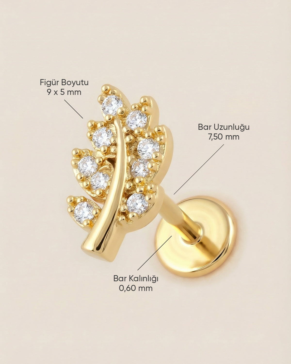 Altın renkli 316L cerrahi çelik zirkon taşlı yaprak dalı flatback piercing tasarımın ölçüleri.