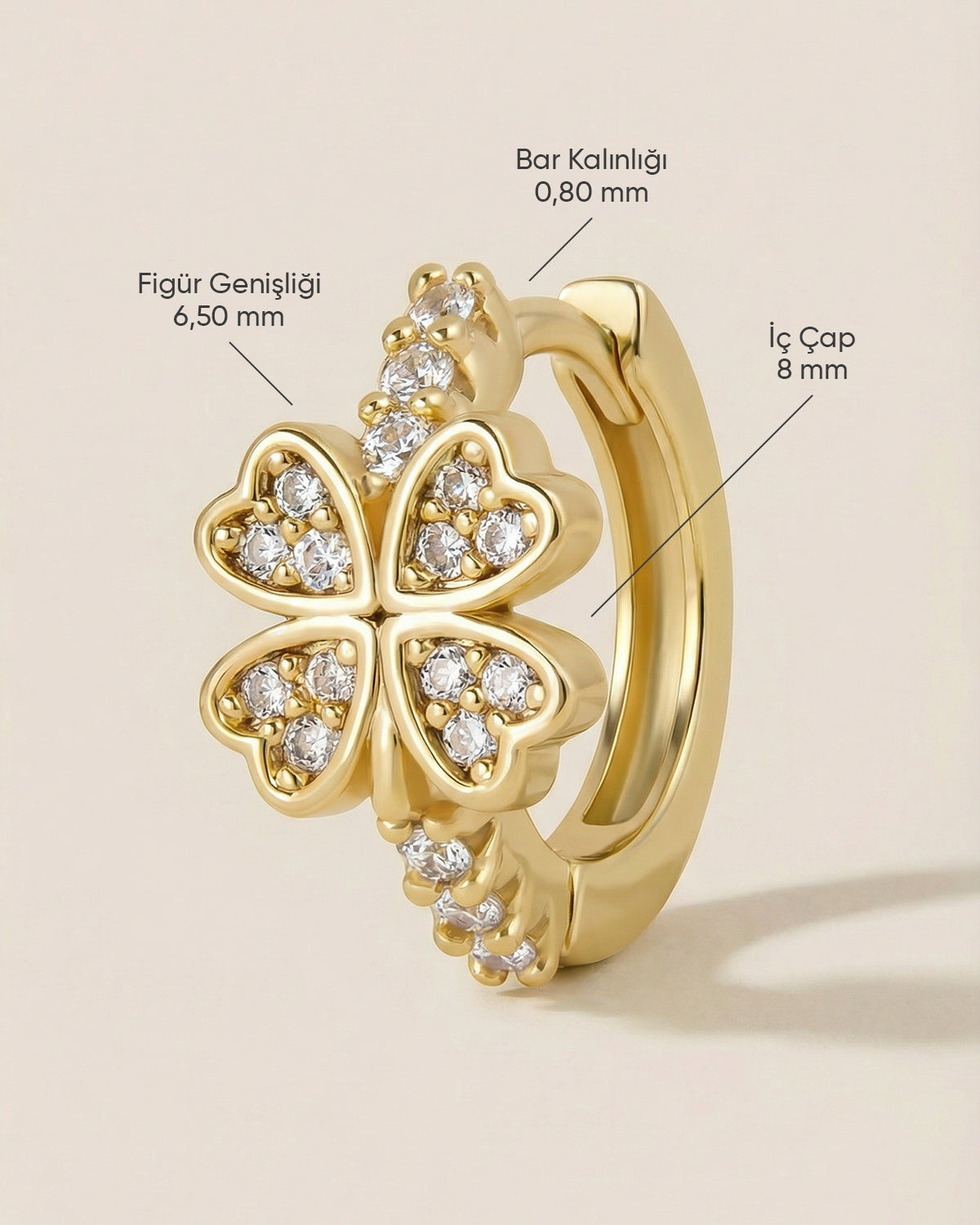 Altın renkli 316L çelik zirkon taşlı yonca halka piercing tasarımın ölçüleri.