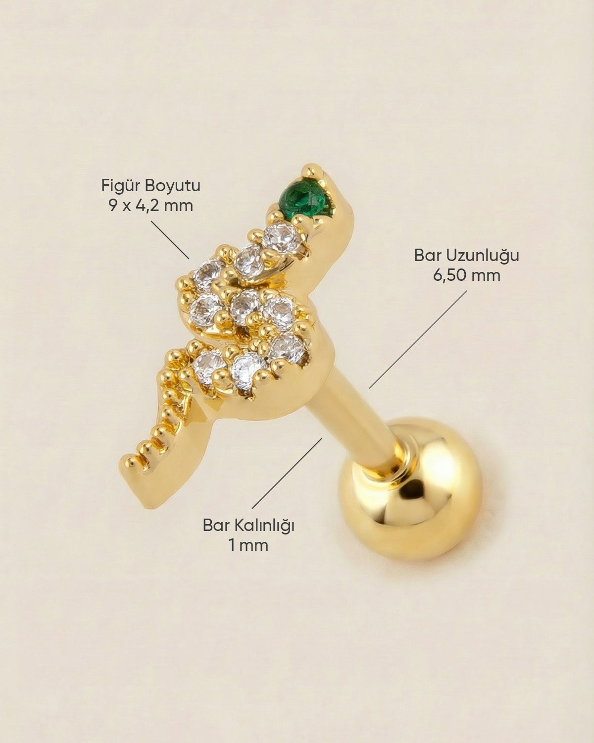 Altın renkli 316L cerrahi çelik zümrüt yeşili ve zirkon taşlı yılan tragus piercing tasarımın ölçüleri.