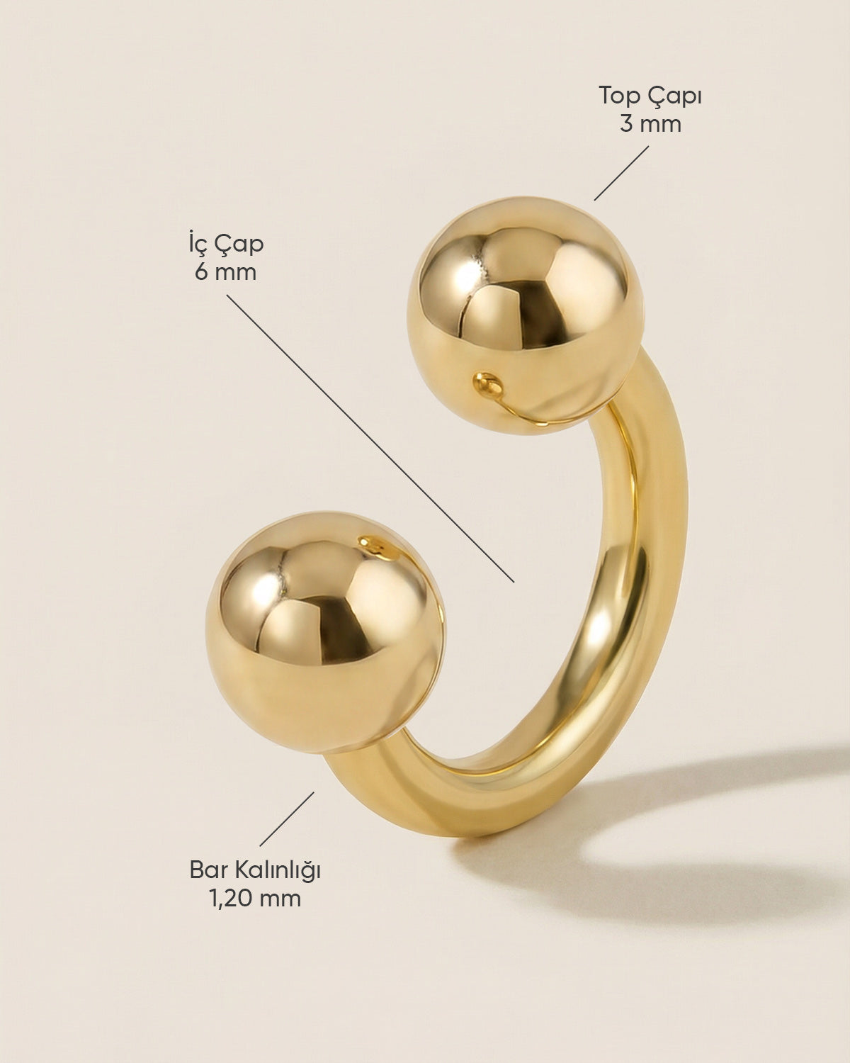 Altın renkli 316L cerrahi çelik 6 mm yarım halka piercingin ölçü görseli.