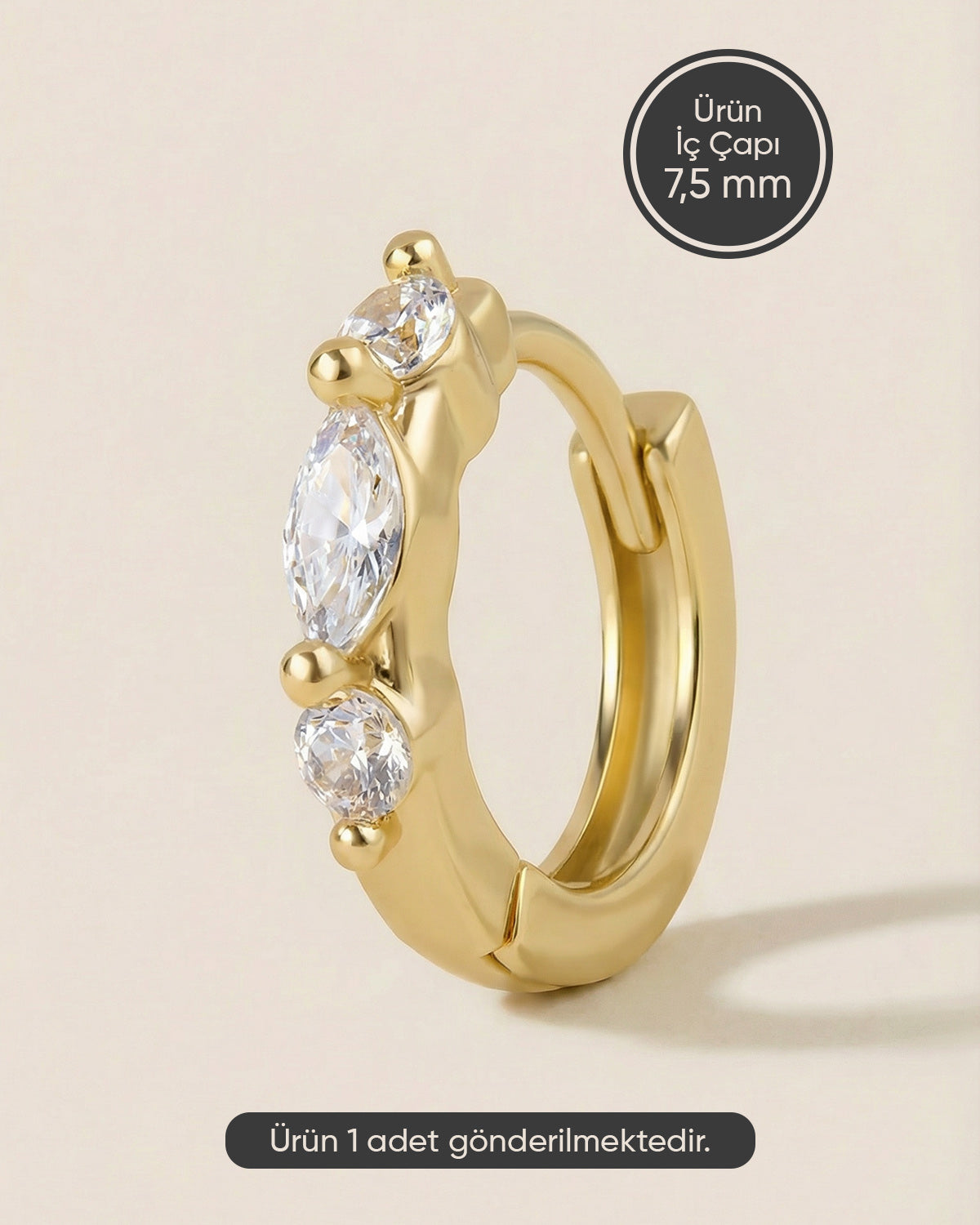 Altın renkli 316L cerrahi çelik markiz ve yuvarlak zirkon taşlı halka piercing tasarımı.