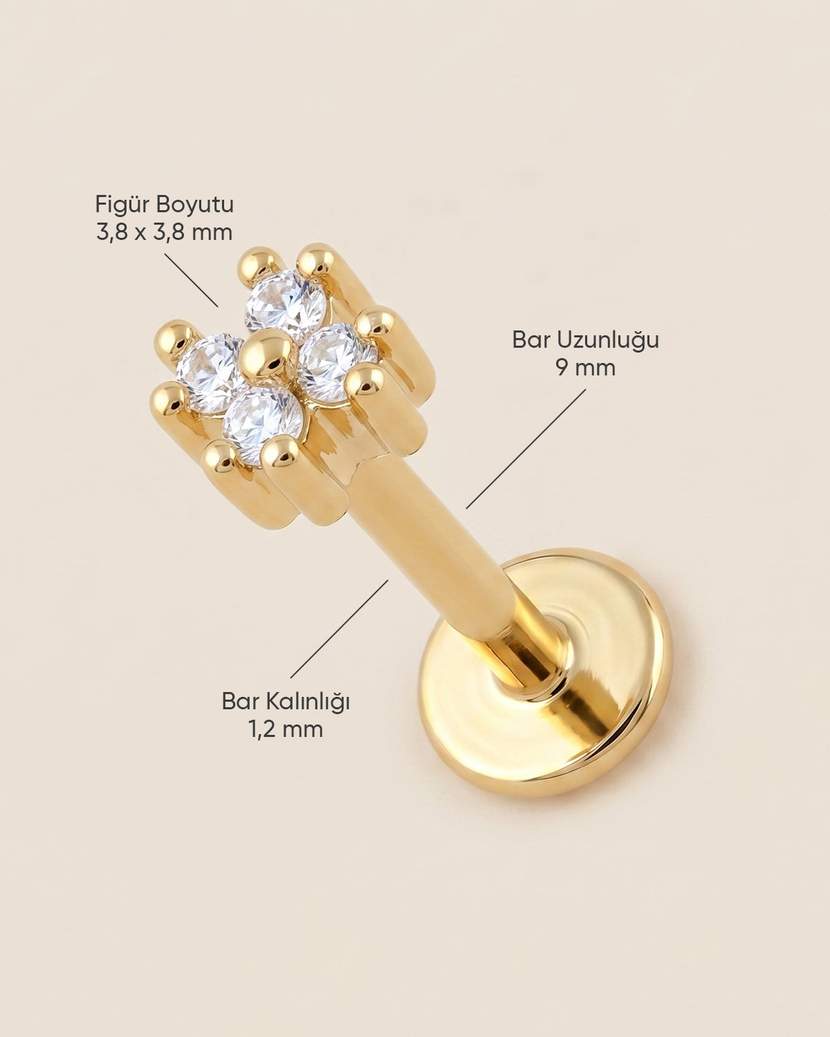Altın renkli 316L cerrahi çelik minik zirkon taşlı flatback piercingin ölçü görseli.