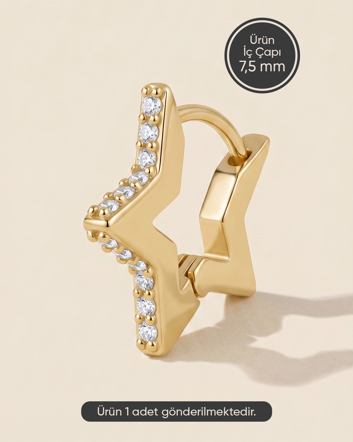 Altın renkli cerrahi çelik yıldız biçimli 7,50 mm zirkon taşlı halka piercing tasarımı.