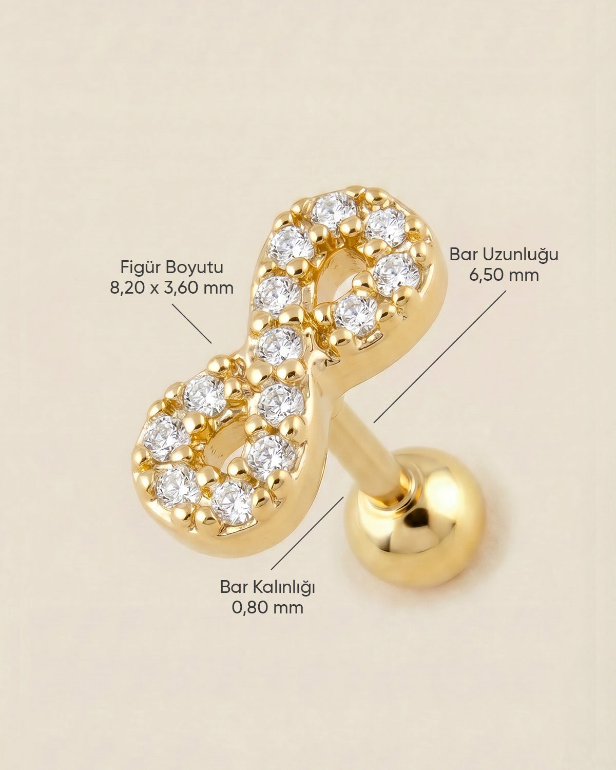 Altın renkli cerrahi çelik zirkon taşlı sonsuzluk figürlü tragus piercingin ölçü görseli.