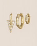 Altın renkli zirkon taşlı üçgen ve altıgen 3'lü halka küpe seti.