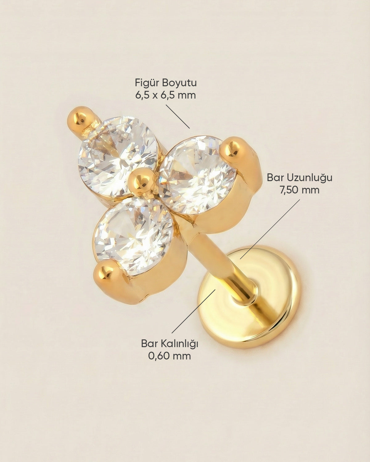 Altın renkli 316L cerrahi çelik üçlü taşlı trinity flatback piercing tasarımın ölçüleri.