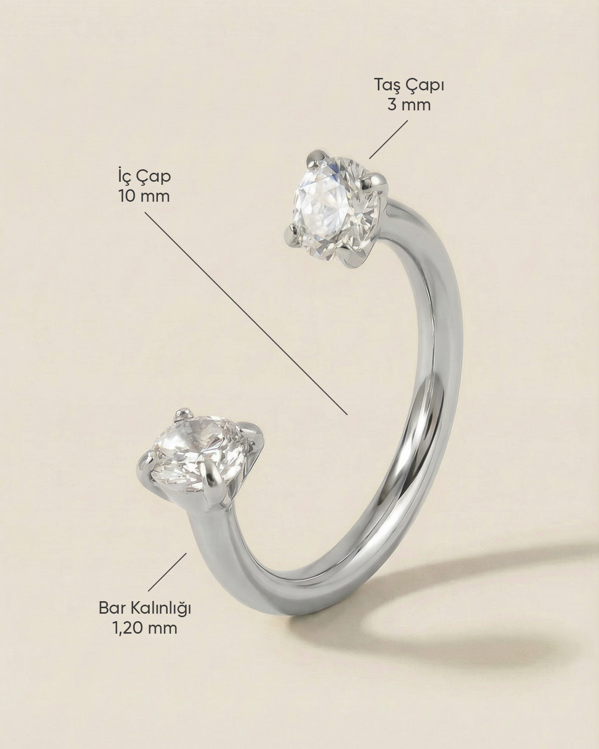 Gümüş renkli 316L cerrahi çelik 10 mm çift tektaş yarım halka piercing tasarımın ölçüleri.
