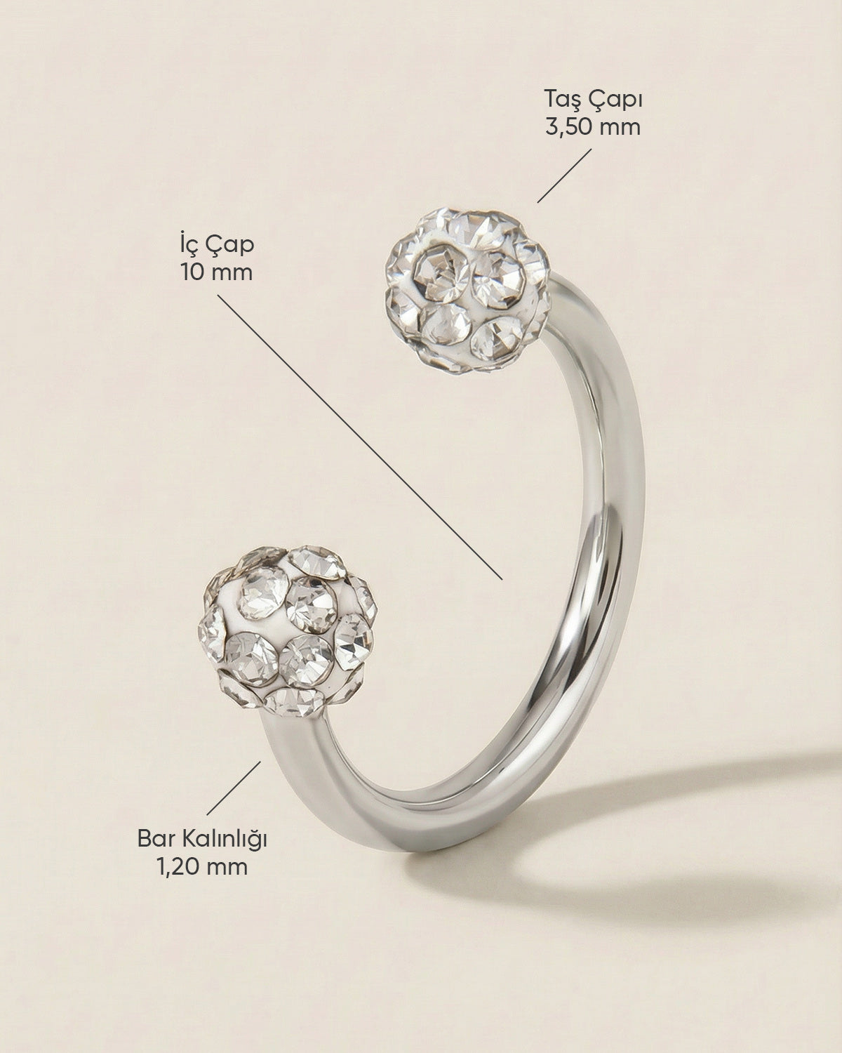 Gümüş renkli 316L cerrahi çelik 10 mm zirkon taşlı yarım halka piercing tasarımın ölçüleri.