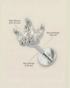 Gümüş renkli 316L cerrahi çelik 3 markiz taşlı taç flatback piercing tasarımın ölçüleri.