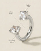 Gümüş renkli 316L cerrahi çelik 6 mm çift tektaş yarım halka piercing tasarımın ölçüleri.