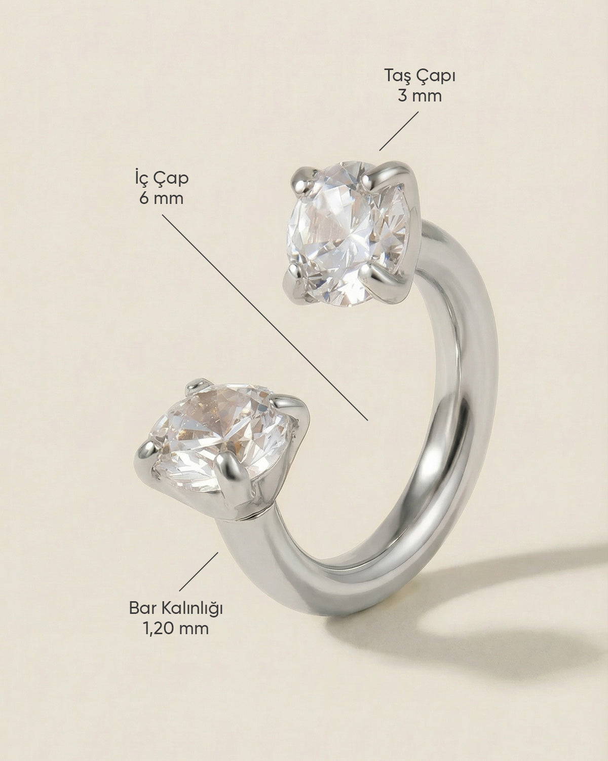 Gümüş renkli 316L cerrahi çelik 6 mm çift tektaş yarım halka piercing tasarımın ölçüleri.