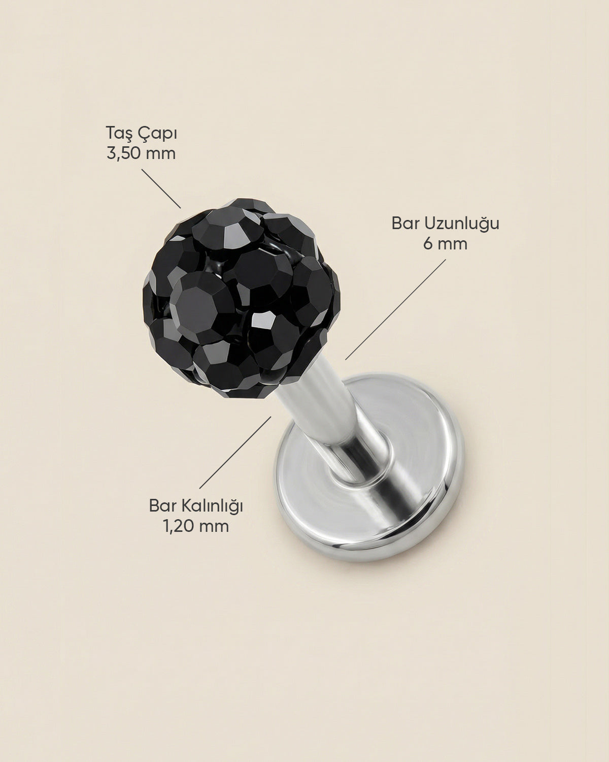 Gümüş renkli siyah toplu 316L cerrahi çelik 6 mm toplu flatback tragus piercing tasarımın ölçüleri.